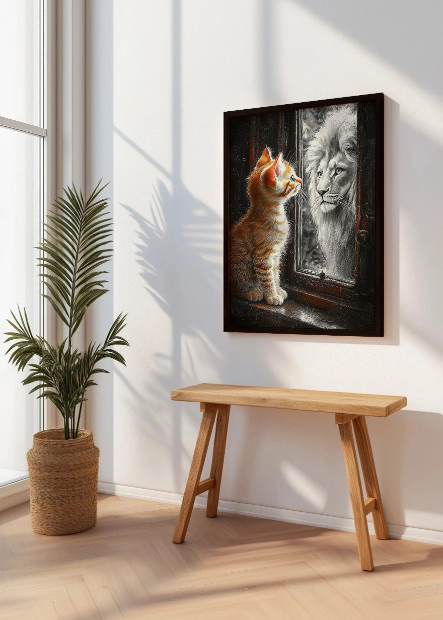 Cuadro ​Gatito mirando un león en el espejo