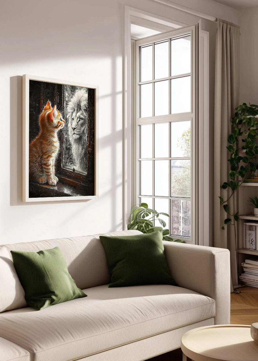 Cuadro ​Gatito mirando un león en el espejo