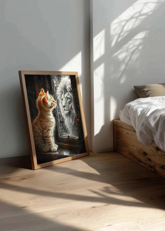 Cuadro ​Gatito mirando un león en el espejo