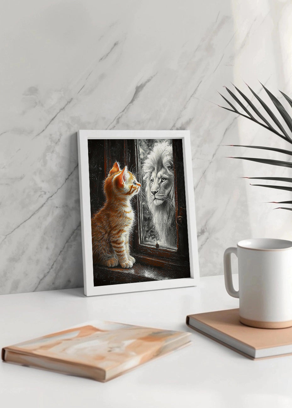 Cuadro ​Gatito mirando un león en el espejo