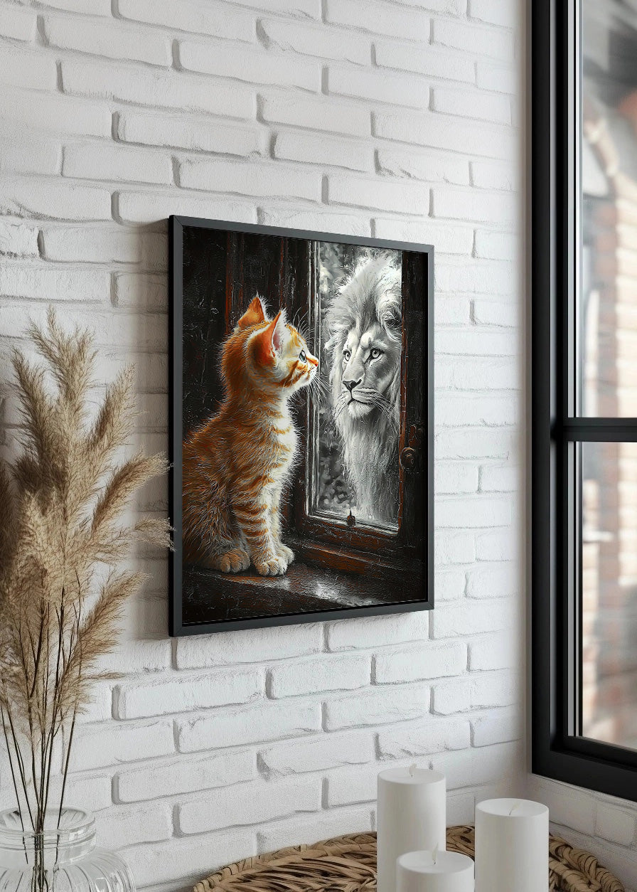 Cuadro ​Gatito mirando un león en el espejo