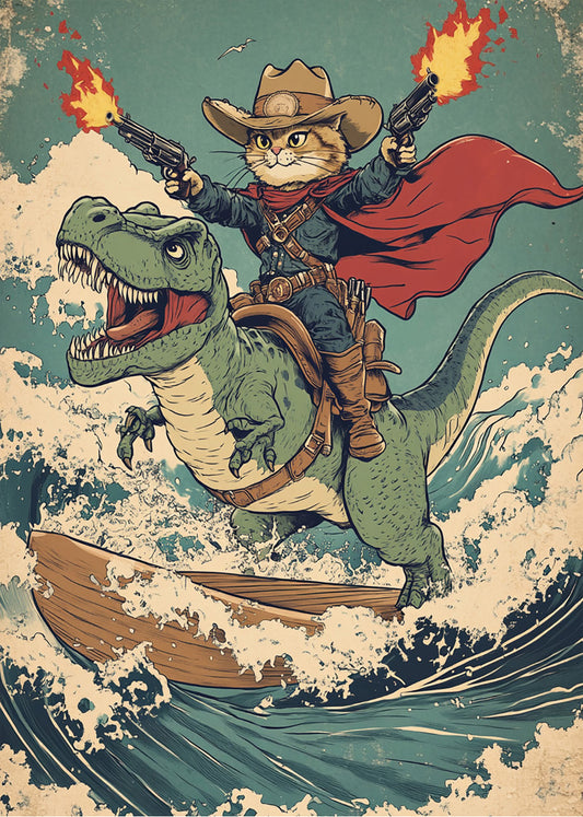 Cuadro ​Gatito pistolero sobre dinosaurio