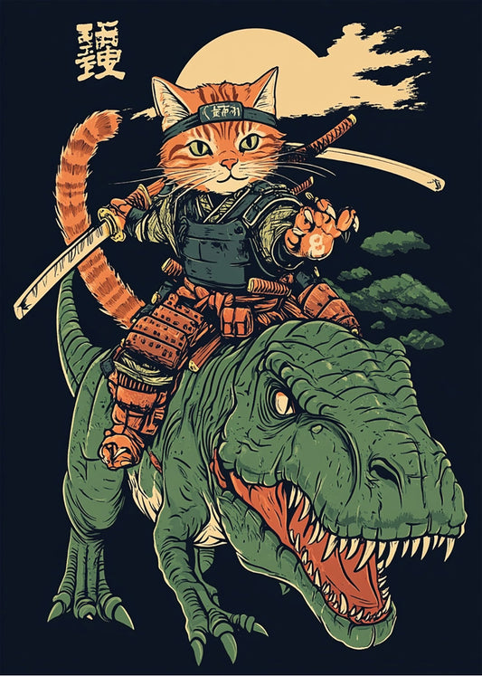 Cuadro ​Gatito sobre dinosaurio japonés