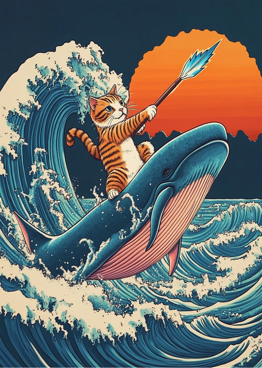 Cuadro ​Gatito surfeando en una ballena
