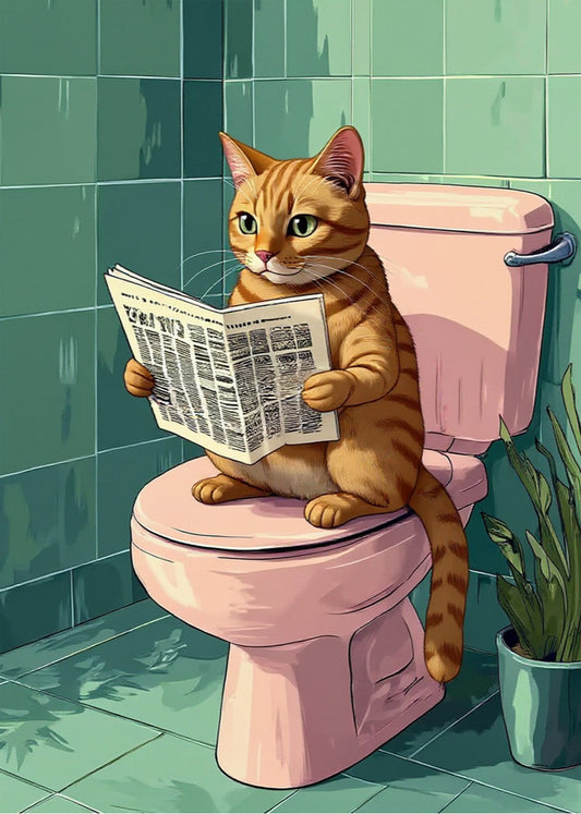 Cuadro Gato en el baño con periódico