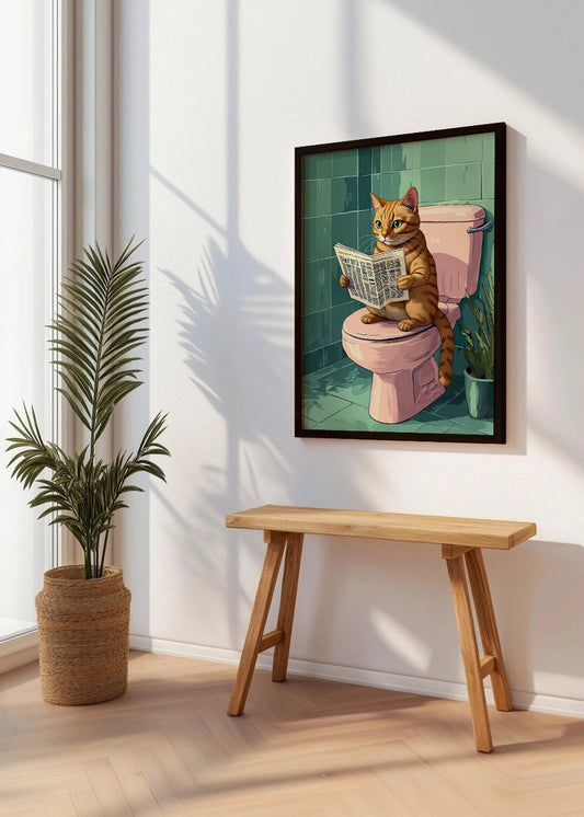 Cuadro Gato en el baño con periódico