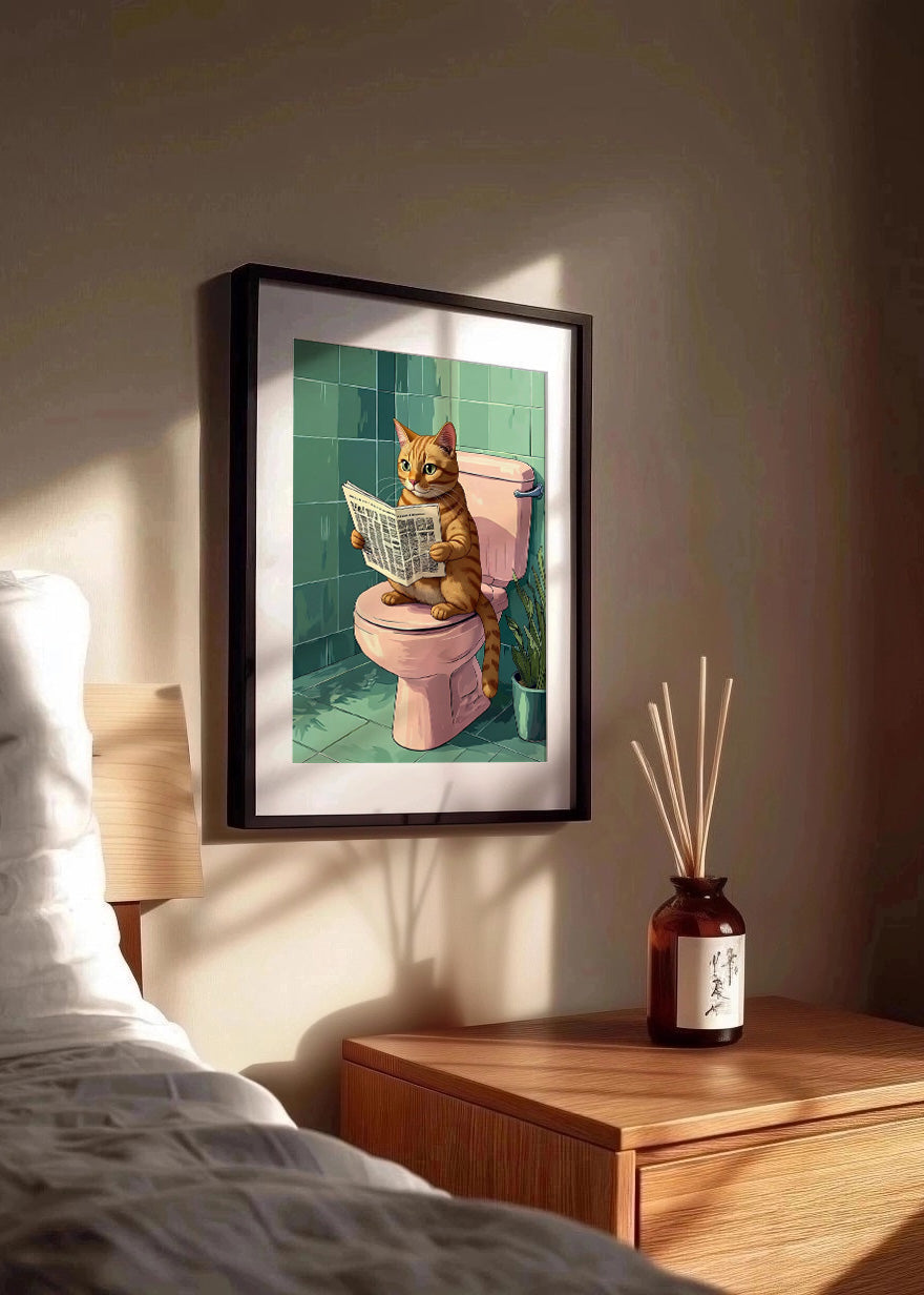 Cuadro Gato en el baño con periódico