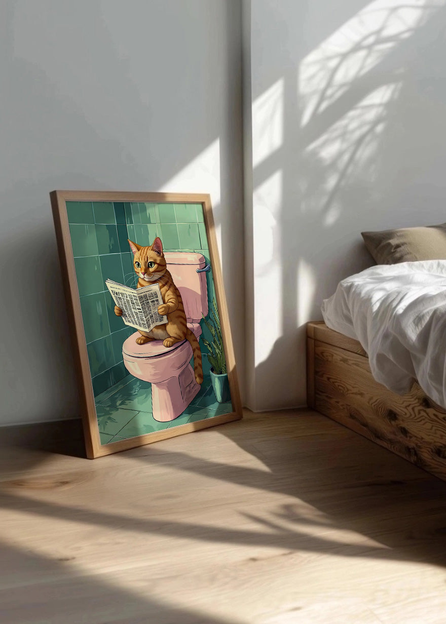 Cuadro Gato en el baño con periódico