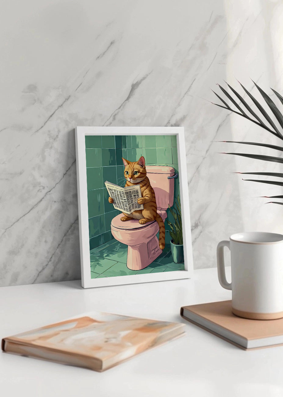 Cuadro Gato en el baño con periódico