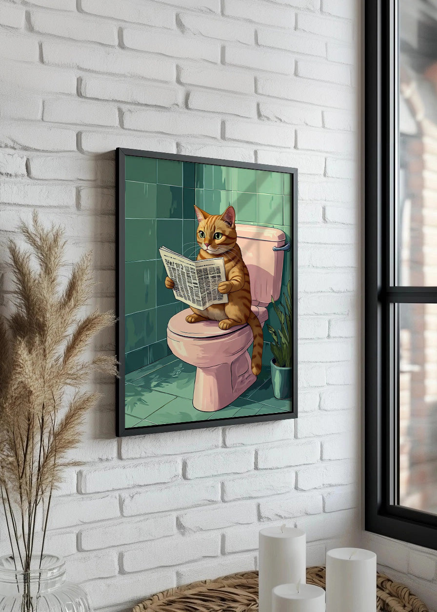 Cuadro Gato en el baño con periódico