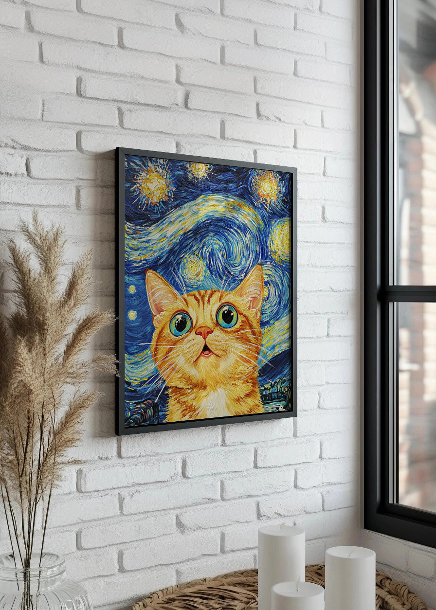 Cuadro ​Gato flipando en la noche estrellada