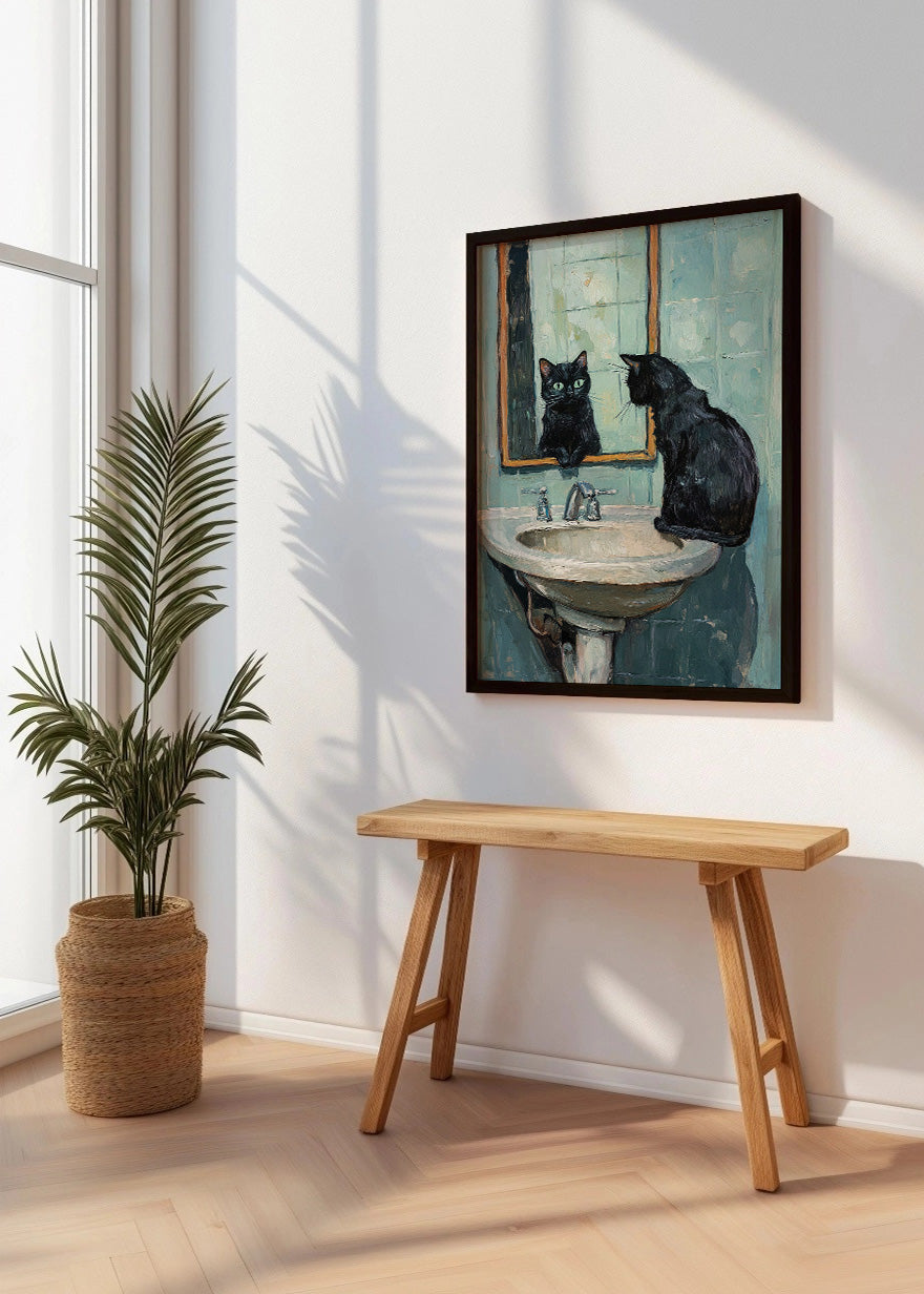 Cuadro ​Gato negro mirándose en el baño impresionista
