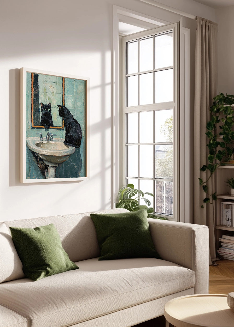 Cuadro ​Gato negro mirándose en el baño impresionista