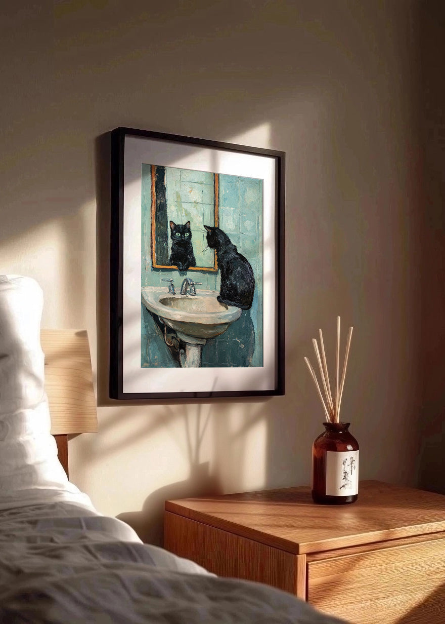 Cuadro ​Gato negro mirándose en el baño impresionista