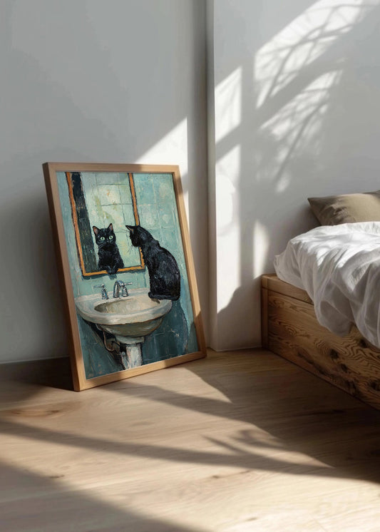 Cuadro ​Gato negro mirándose en el baño impresionista
