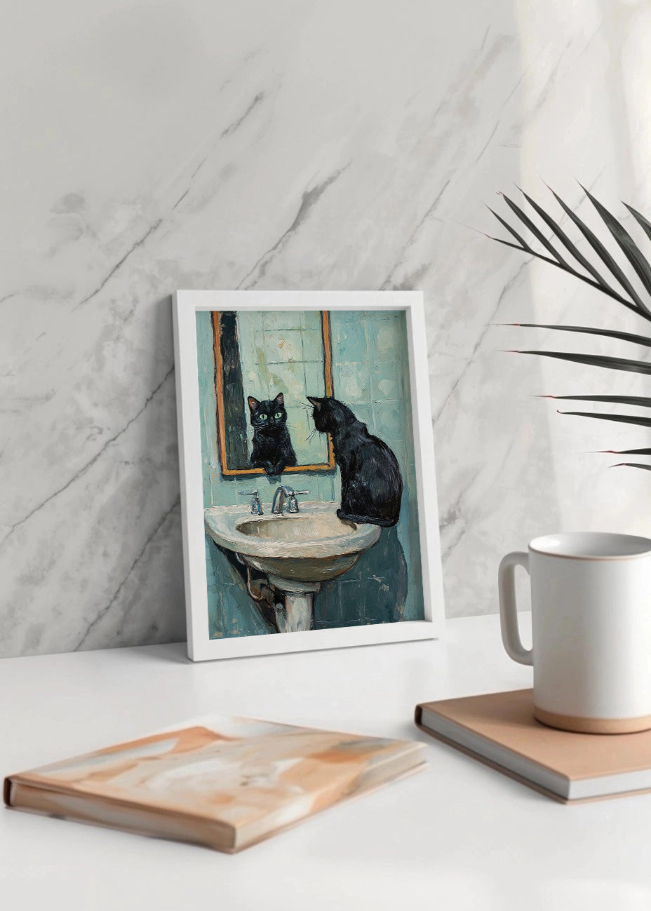 Cuadro ​Gato negro mirándose en el baño impresionista