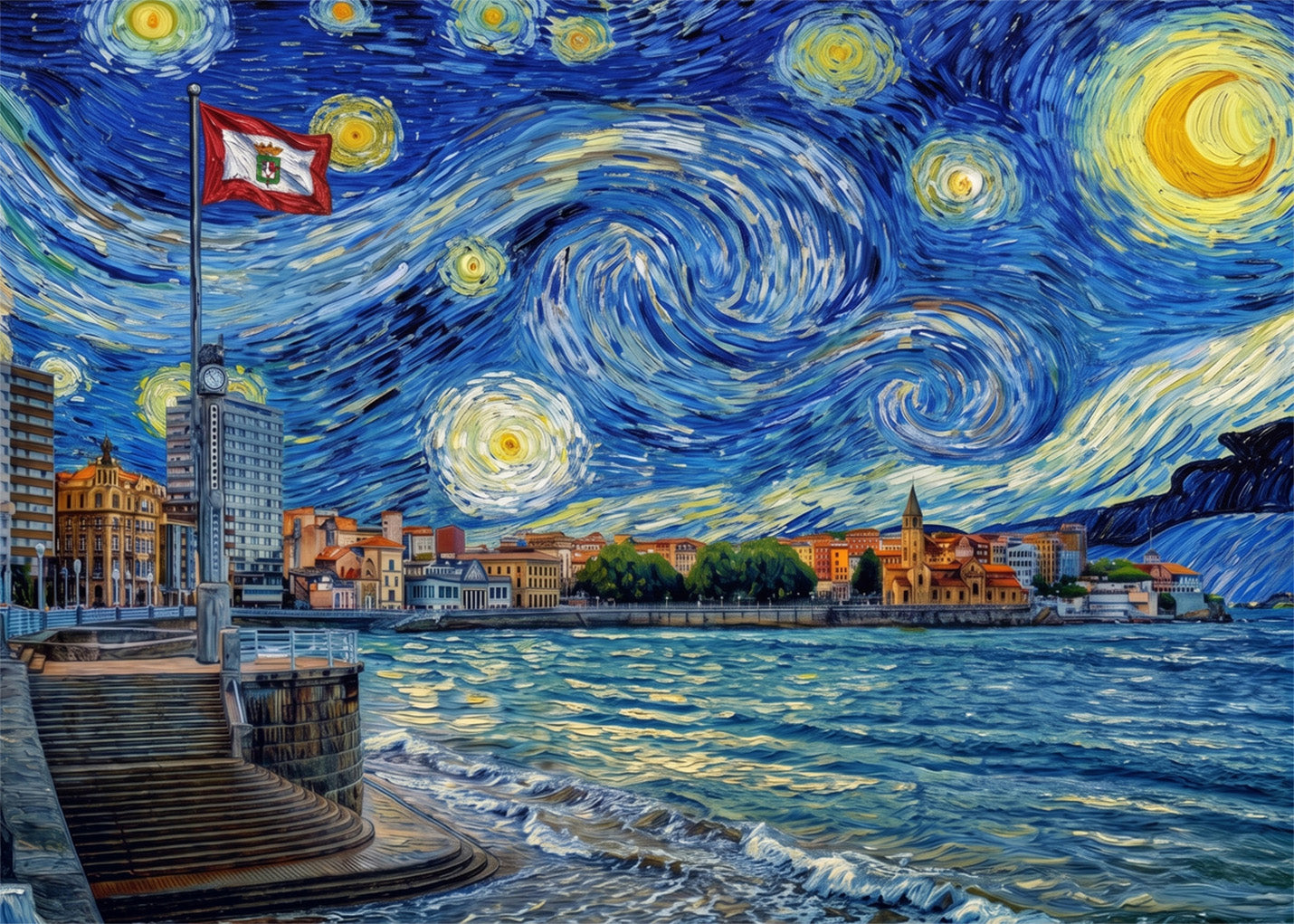 Cuadro Gijón noche estrellada