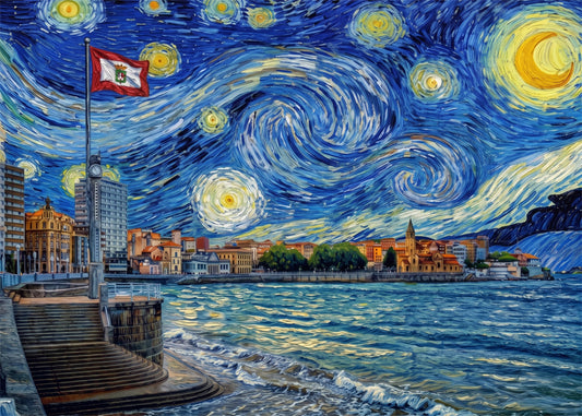 Cuadro Gijón noche estrellada