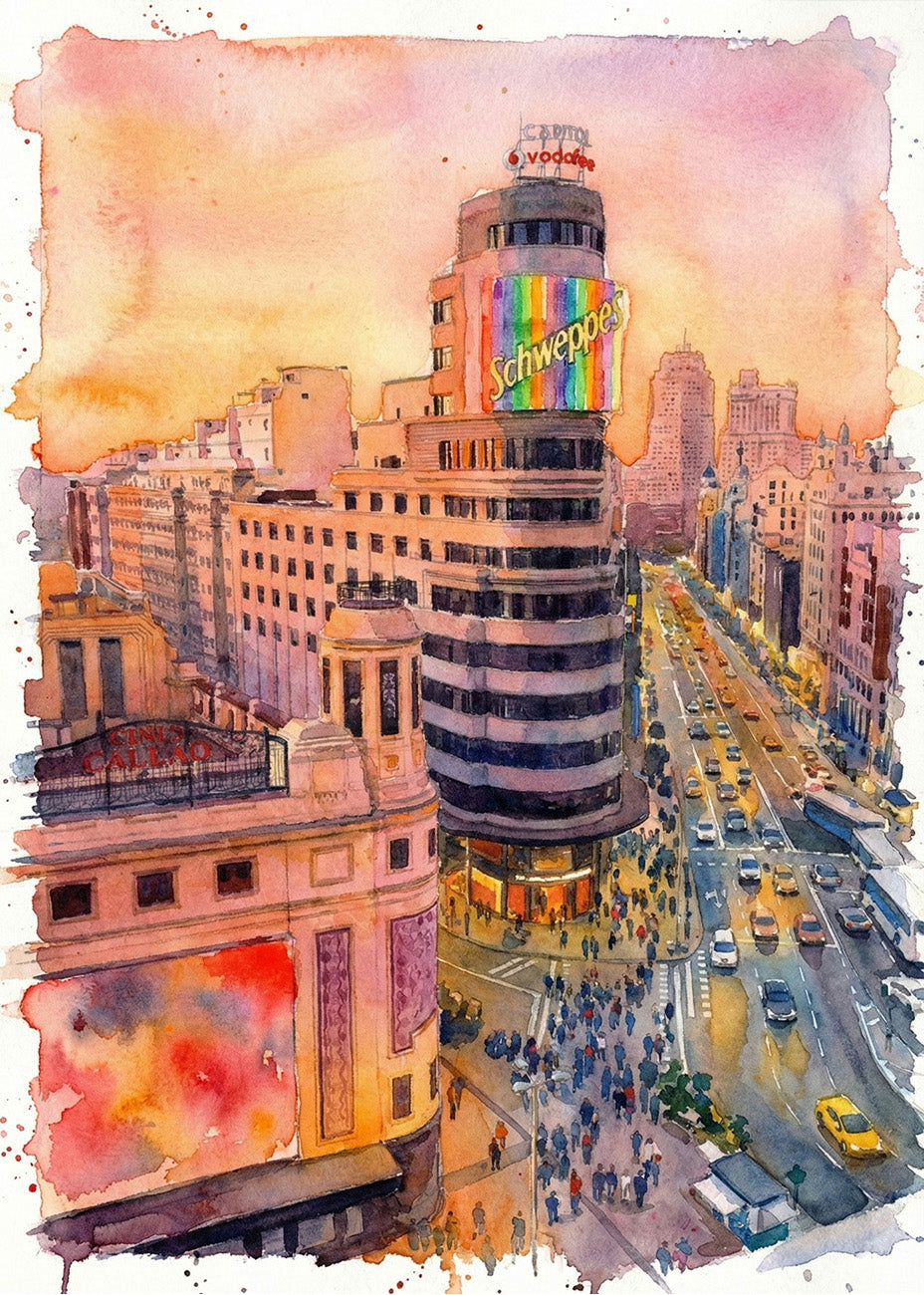 Cuadro Gran Vía y Callao estilo acuarela