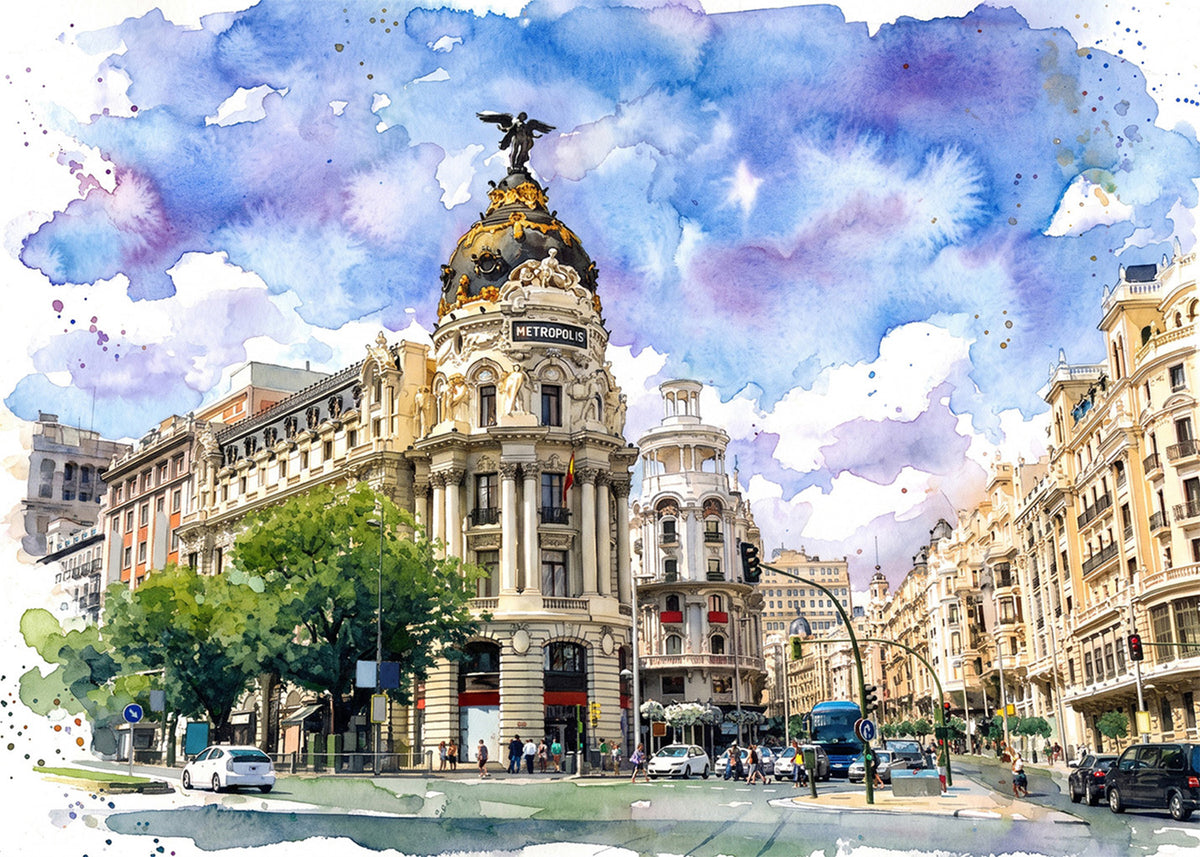 Cuadro Gran Vía y Edificio Metrópolis - Acuarela
