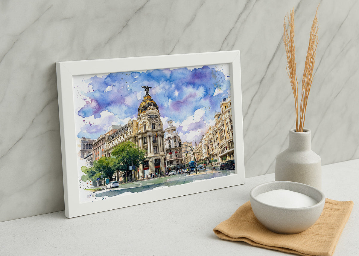 Cuadro Gran Vía y Edificio Metrópolis - Acuarela