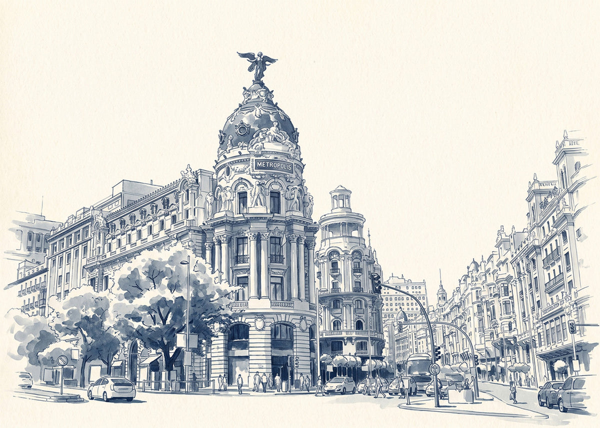 Cuadro Gran Vía y Edificio Metrópolis - Azul