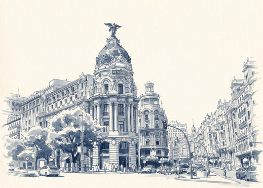 Cuadro Gran Vía y Edificio Metrópolis - Azul