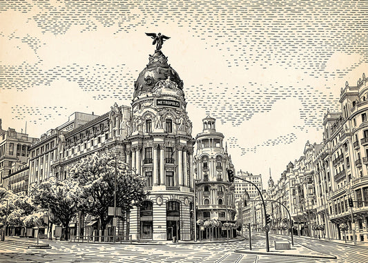 Cuadro Gran Vía y Edificio Metrópolis - Beige