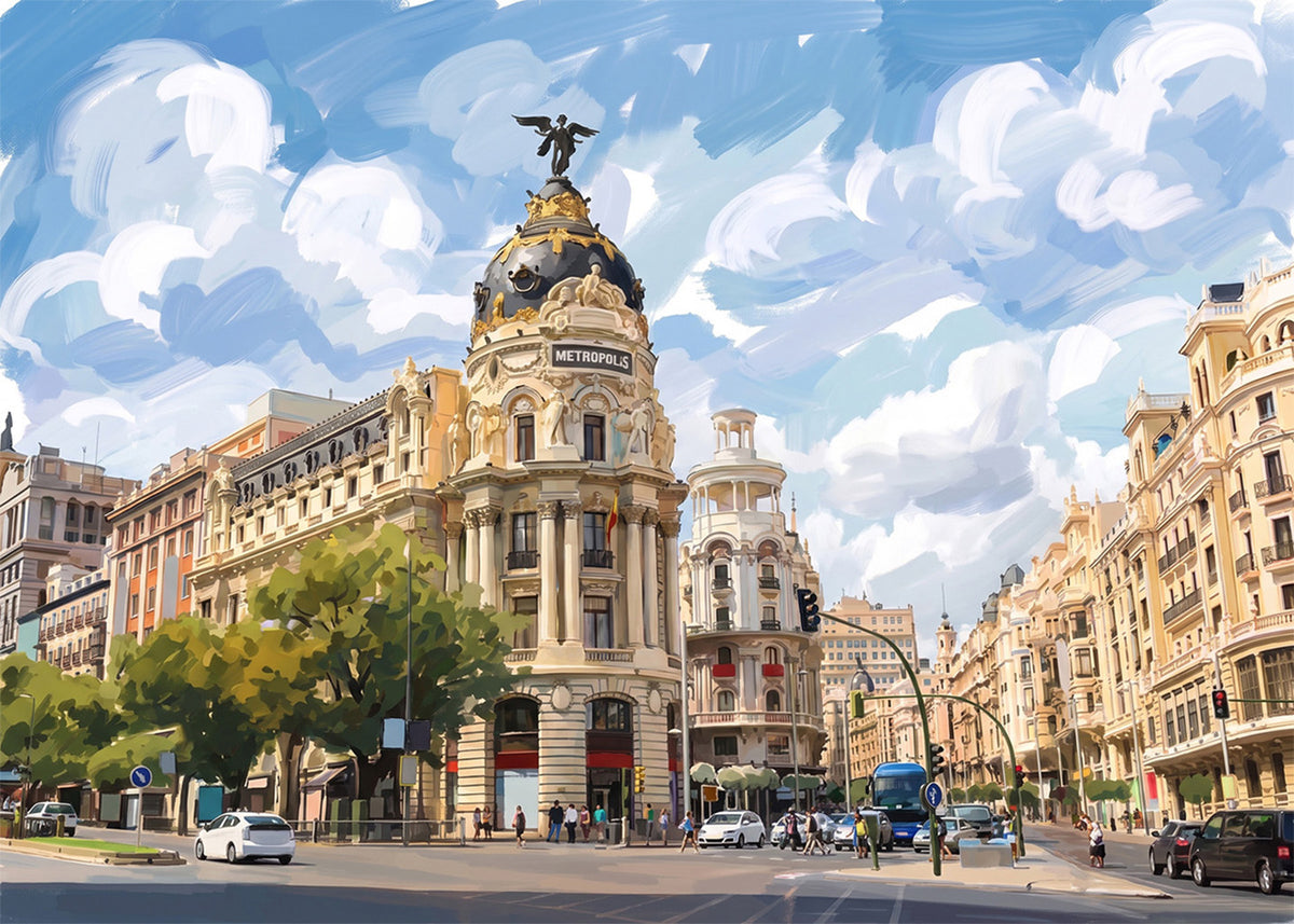 Cuadro Gran Vía y Edificio Metrópolis - Gouache