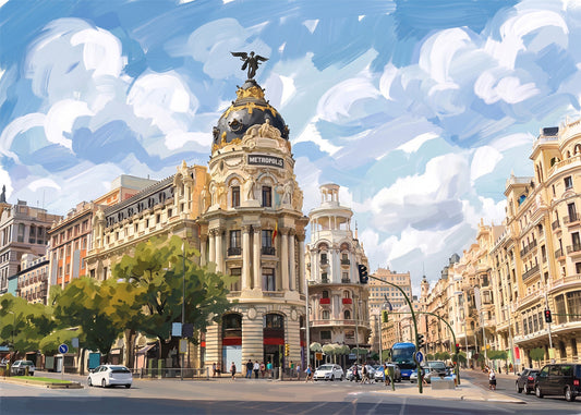 Cuadro Gran Vía y Edificio Metrópolis - Gouache