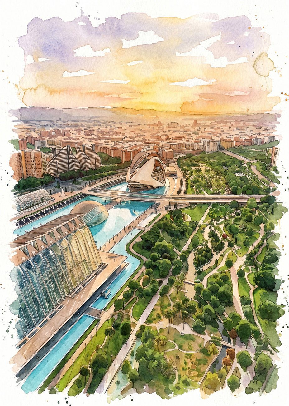Cuadro Jardines del Turia y Ciudad de las Artes efecto acuarela