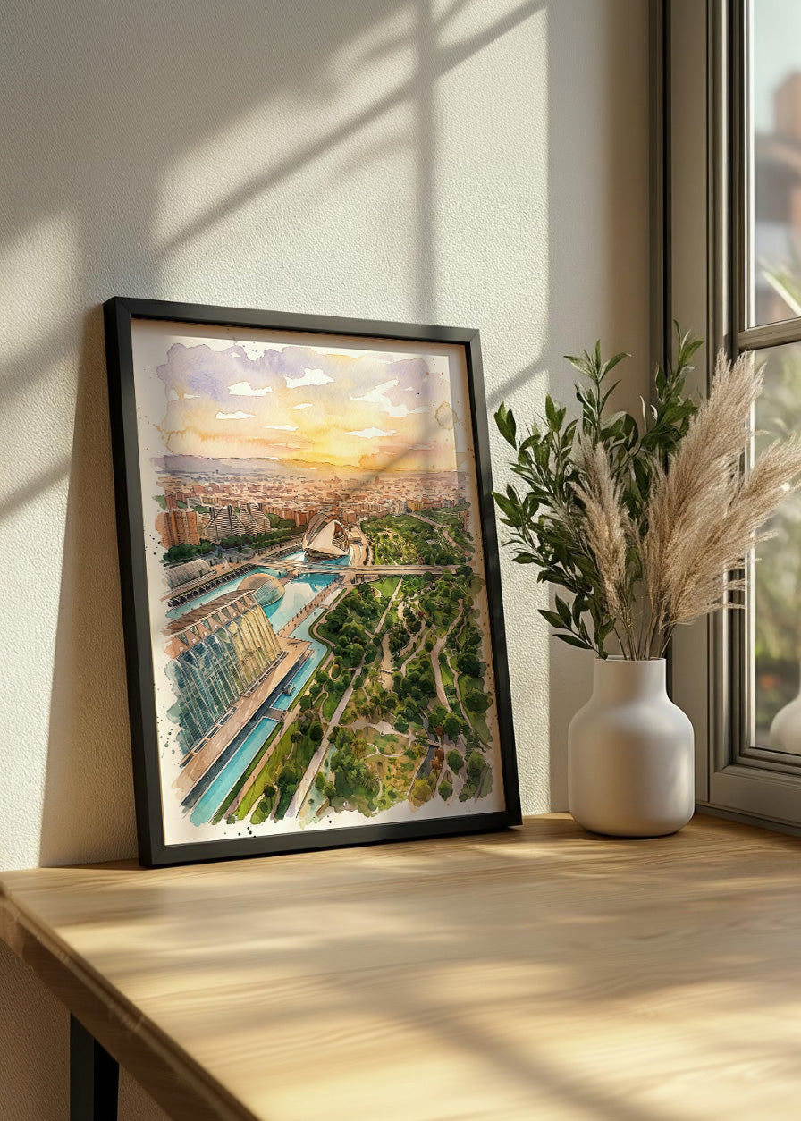Cuadro Jardines del Turia y Ciudad de las Artes efecto acuarela