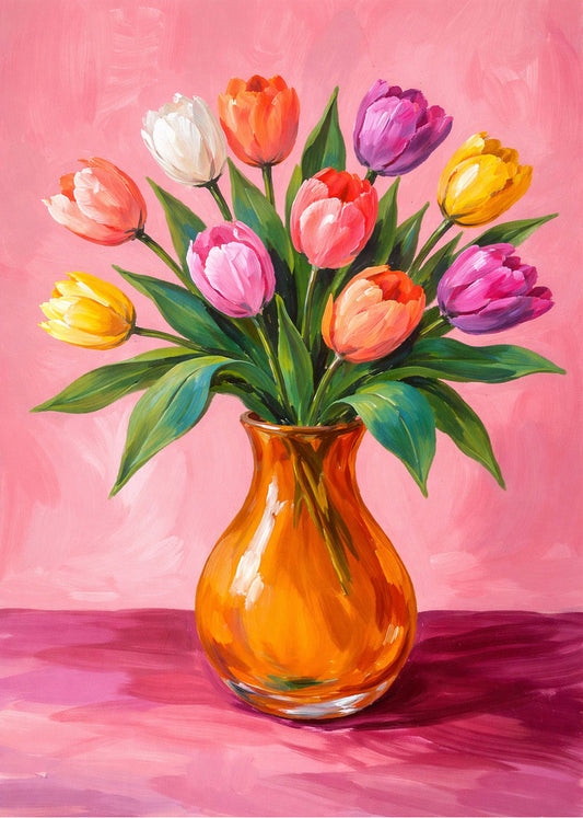 Cuadro Jarron de flores con fondo rosa