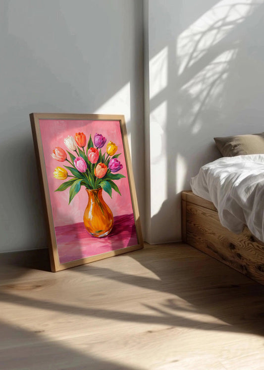 Cuadro Jarron de flores con fondo rosa