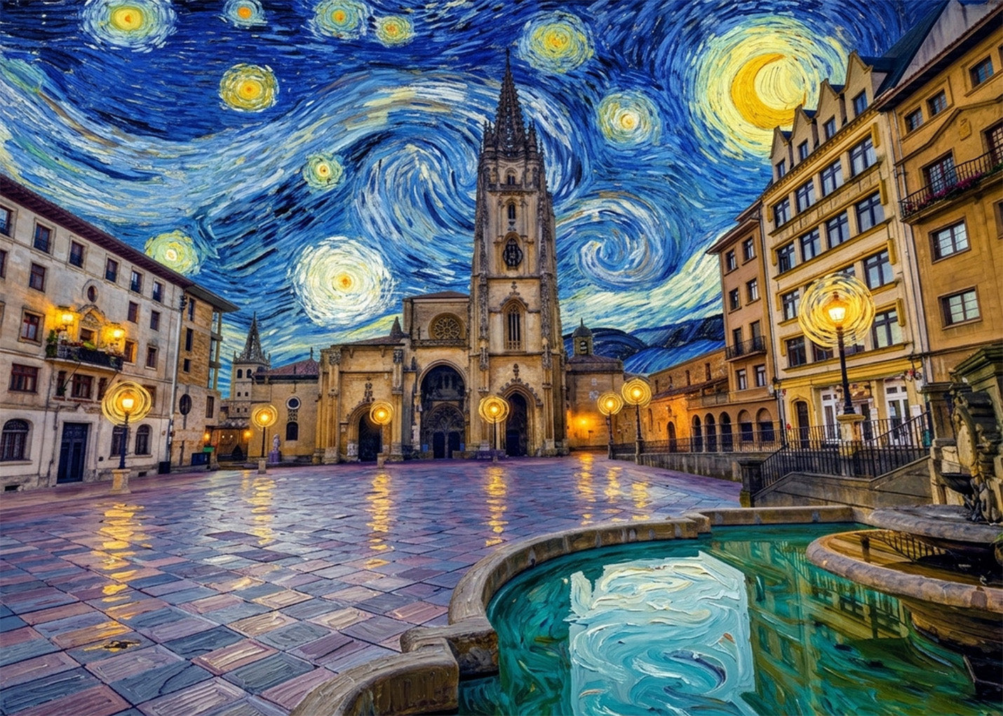 Cuadro La Catedral de Oviedo - Noche Estrellada