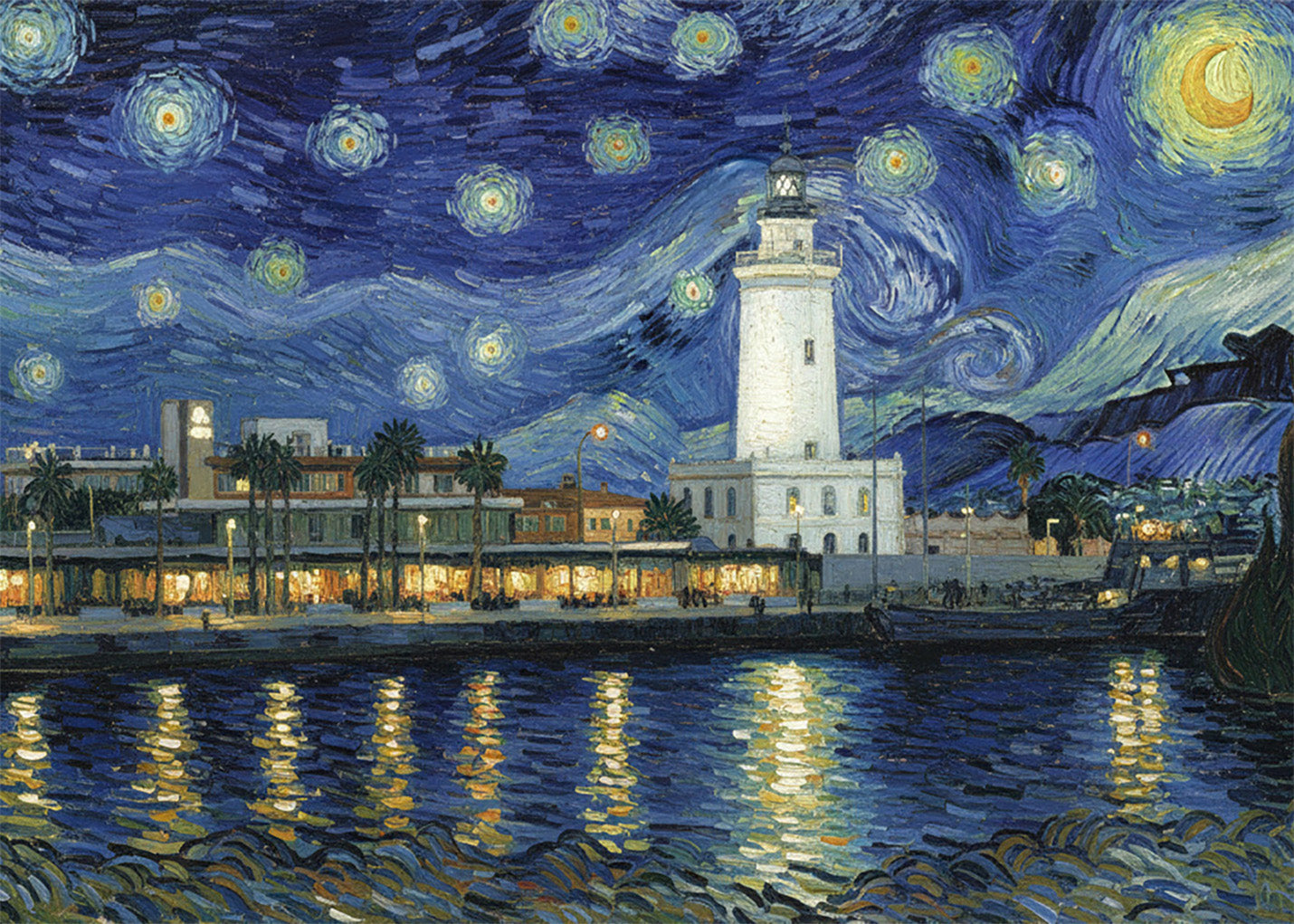Cuadro La Farola de Málaga - Noche Estrellada
