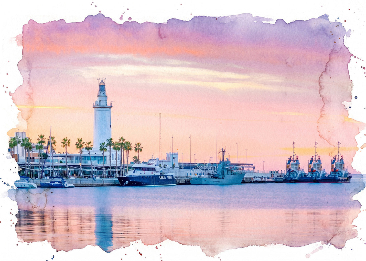 Cuadro La Farola de Málaga en el Muelle Uno efecto acuarela