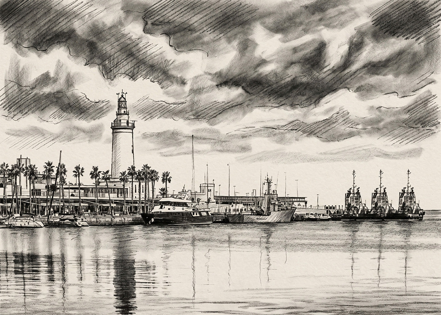 Cuadro La Farola en el puerto de Málaga efecto lápiz