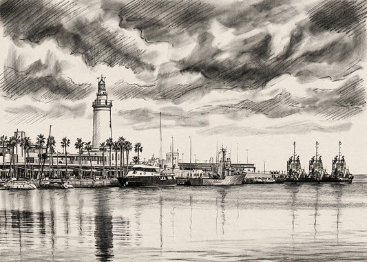 Cuadro La Farola en el puerto de Málaga efecto lápiz