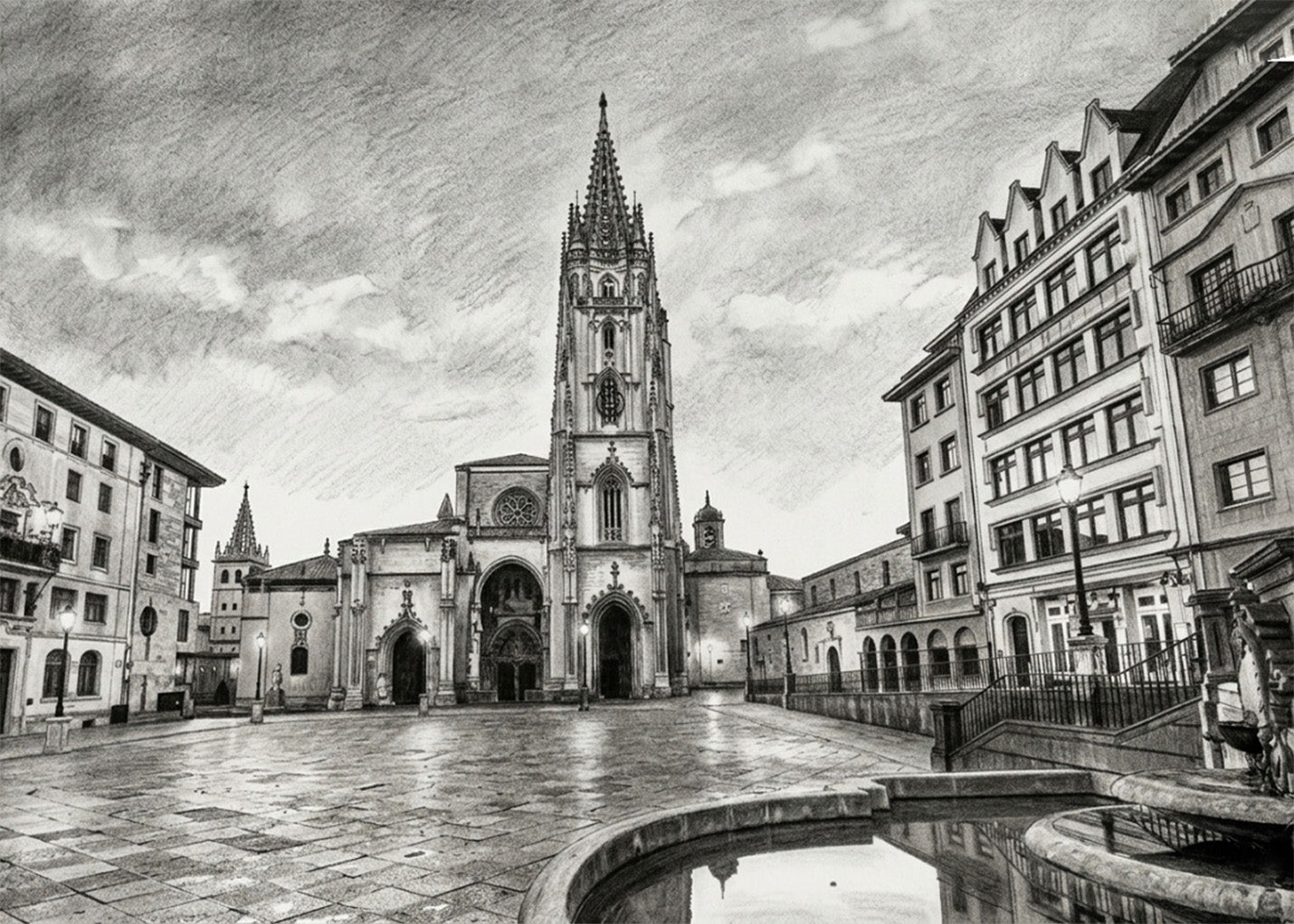 Cuadro La Plaza de la Catedral de Oviedo estilo lápiz