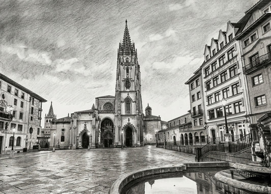Cuadro La Plaza de la Catedral de Oviedo estilo lápiz