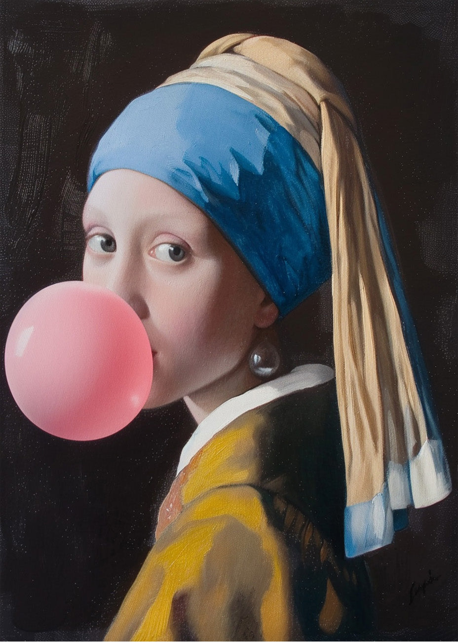 Cuadro ​La joven de la perla con globo de chicle