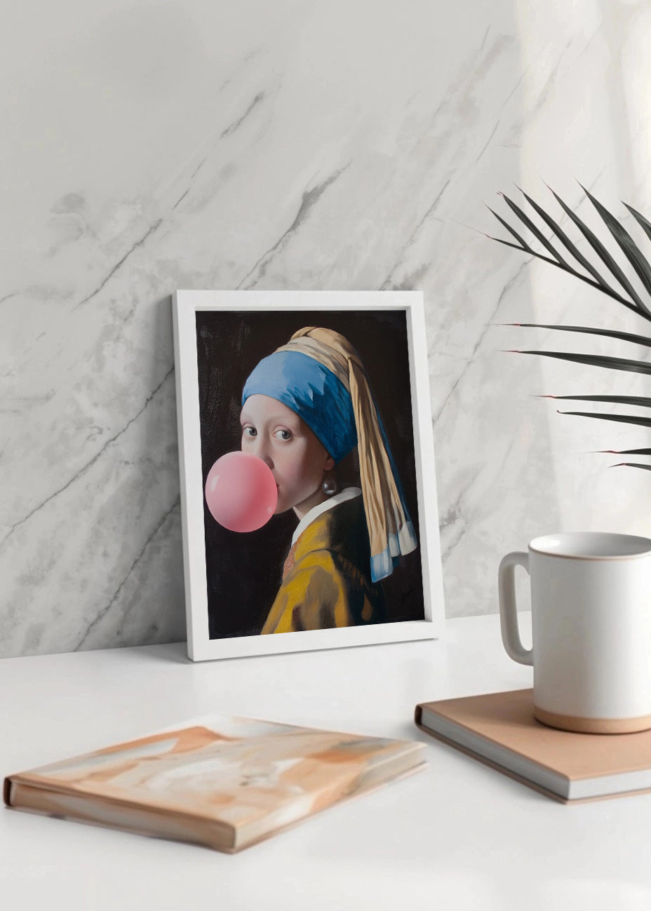 Cuadro ​La joven de la perla con globo de chicle