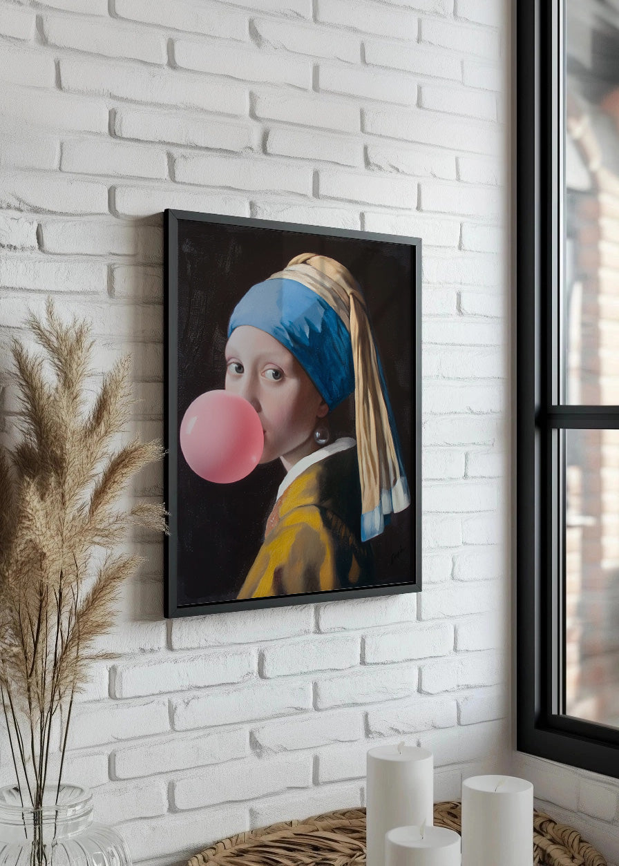 Cuadro ​La joven de la perla con globo de chicle