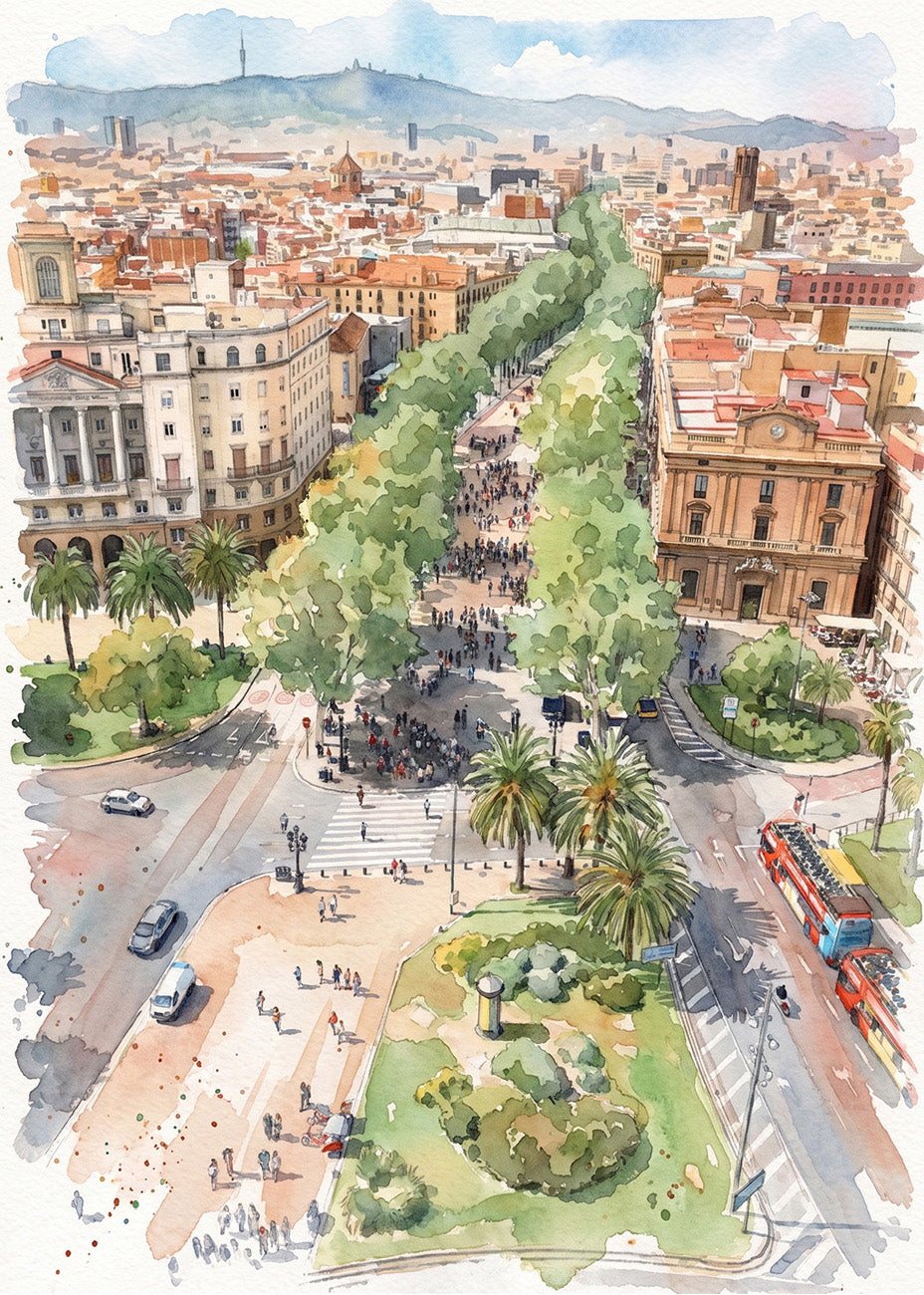Cuadro Las Ramblas de Barcelona efecto acuarela