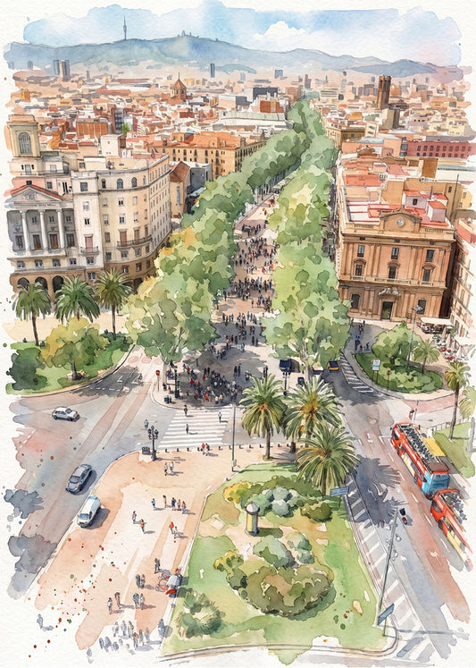 Cuadro Las Ramblas de Barcelona efecto acuarela