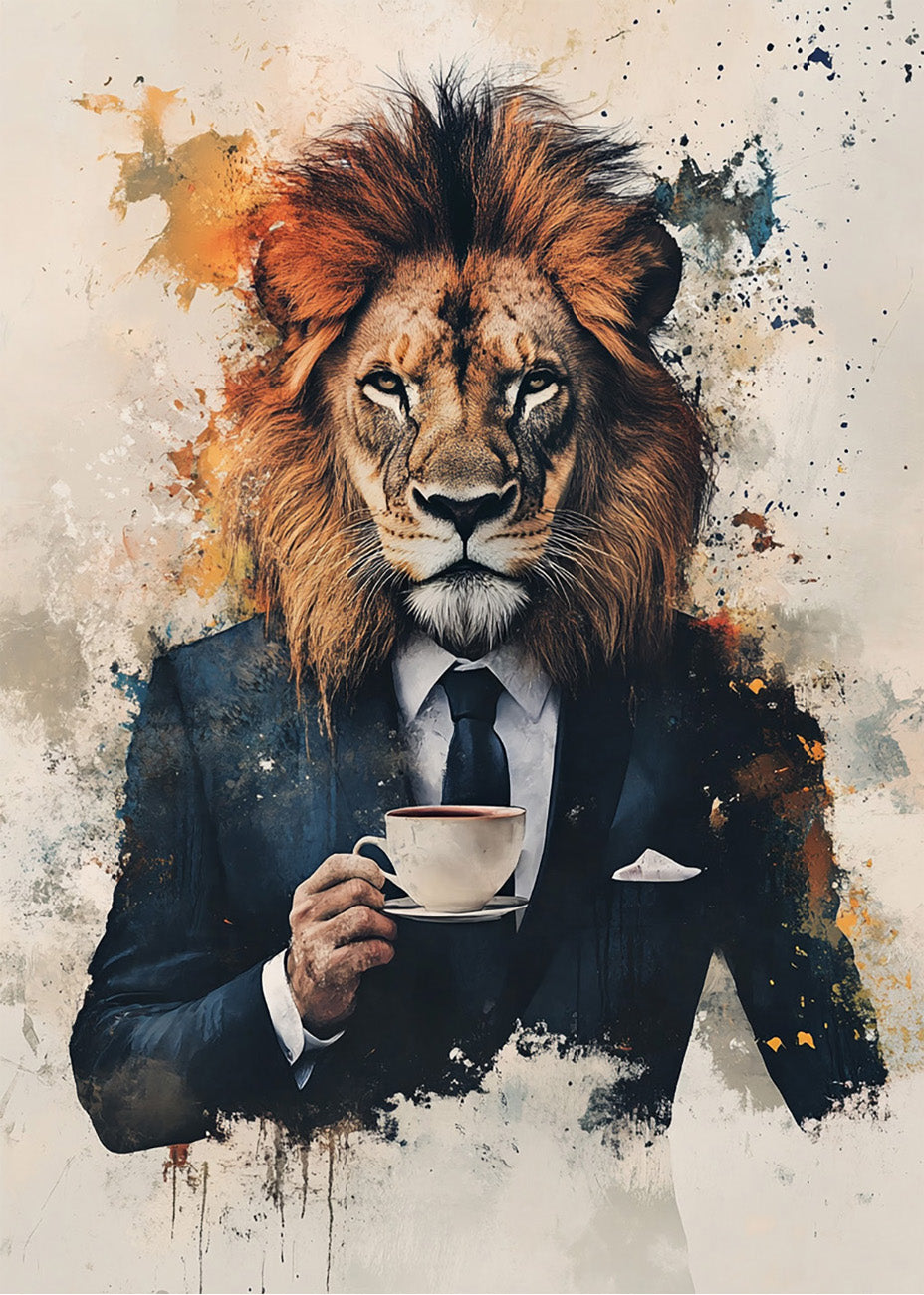 Cuadro ​León con traje tomando café