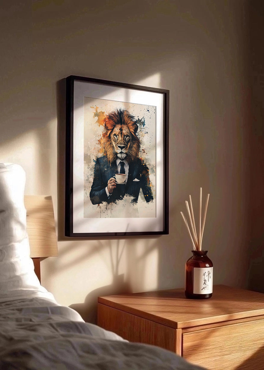 Cuadro ​León con traje tomando café