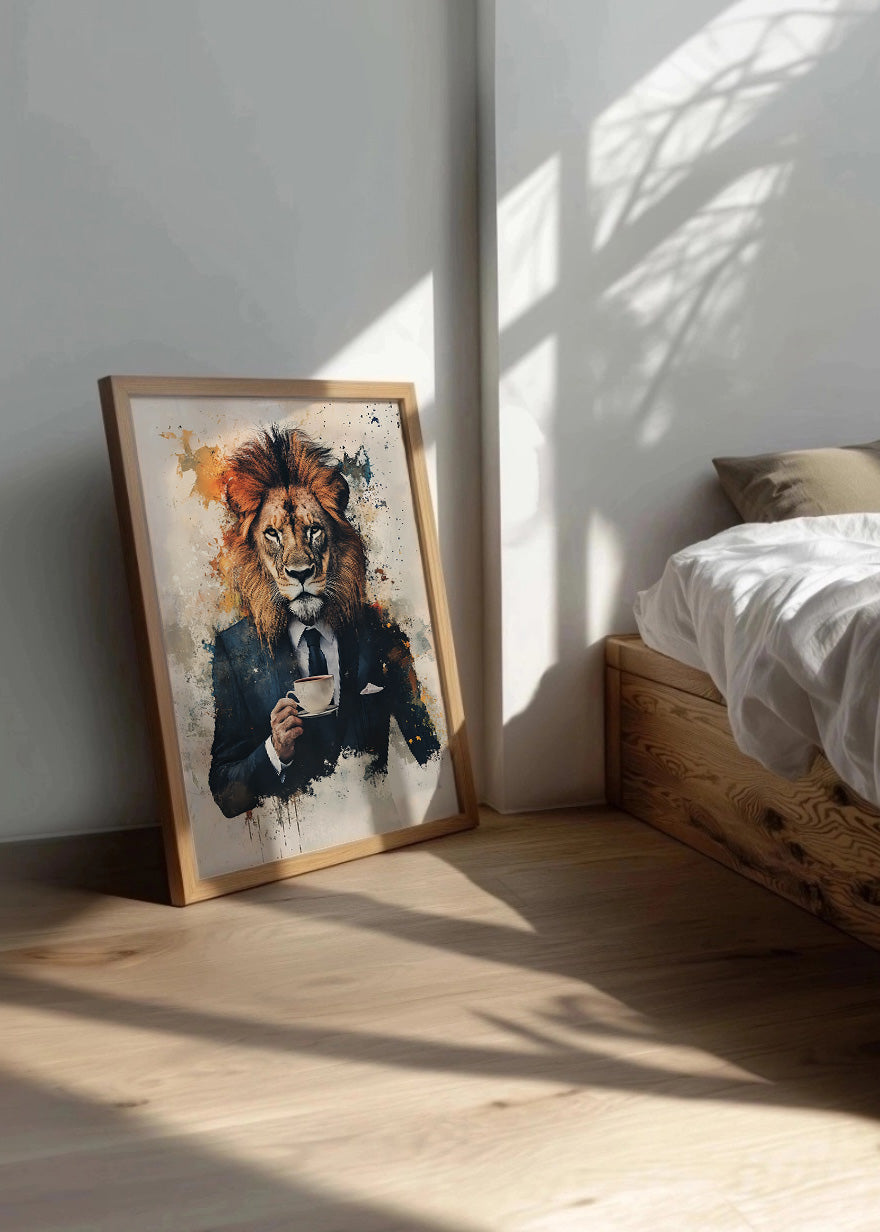Cuadro ​León con traje tomando café
