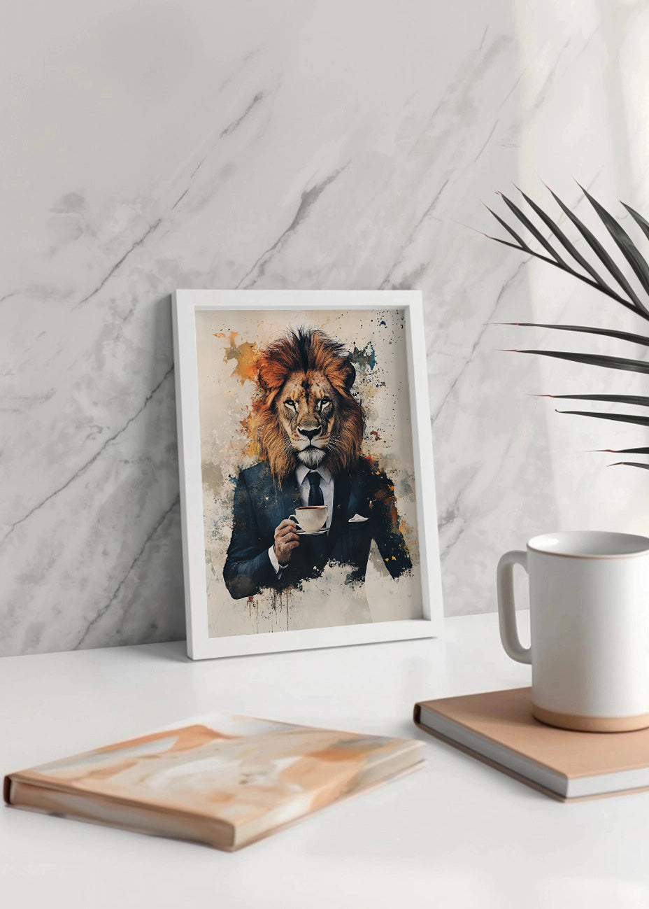 Cuadro ​León con traje tomando café